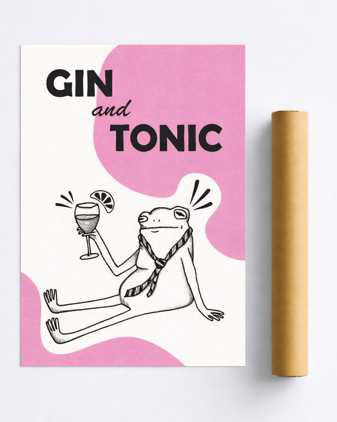 Affiche Gin Tonic – Illustration Fun Grenouille Apéro Rose