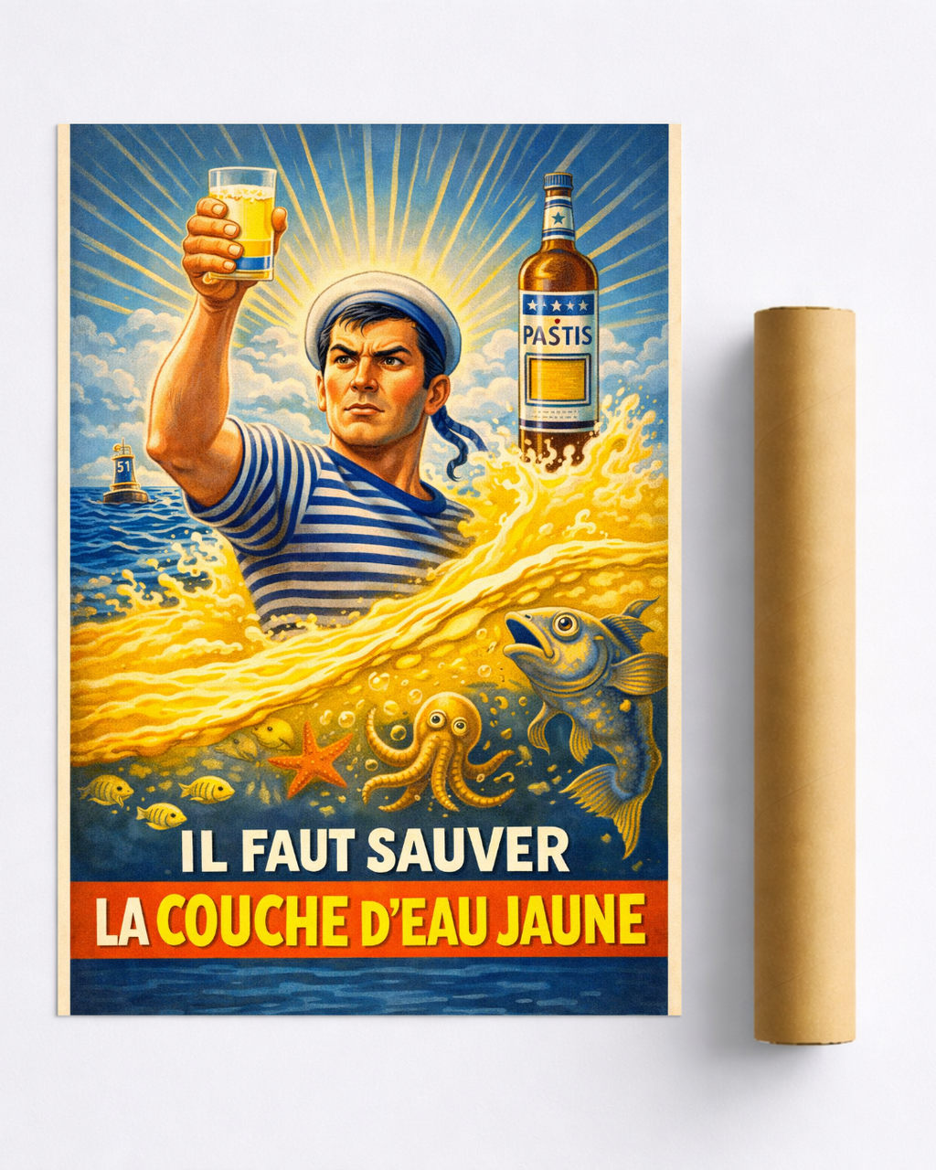 Affiche Pastis Humoristique – “Il Faut Sauver la Couche d’Eau Jaune”