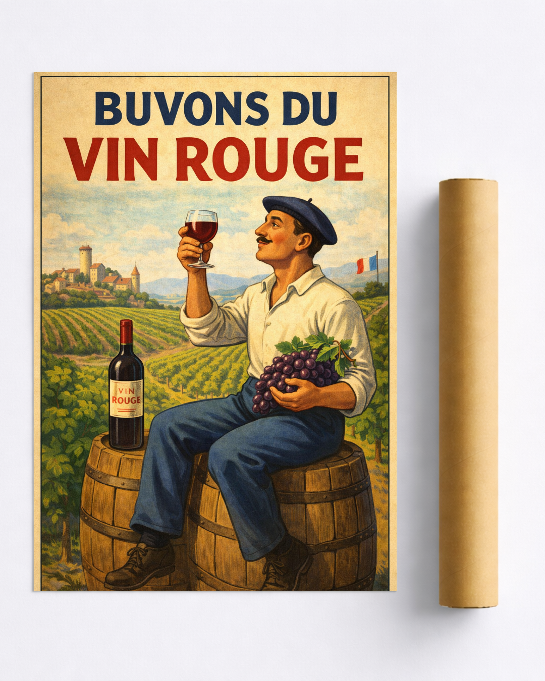 Affiche Buvons du Vin Rouge – Poster Vintage Vigneron Français