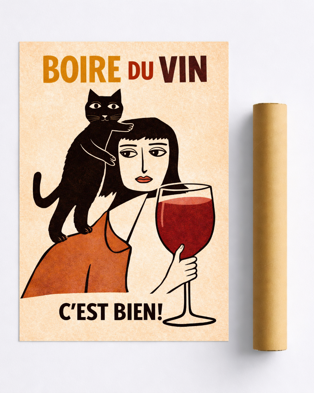 Affiche Boire du Vin C’est Bien – Poster Chat et Vin Déco Originale